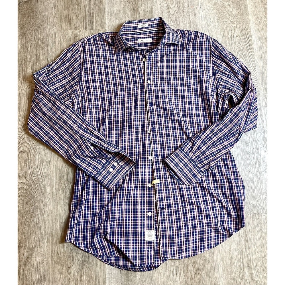 PETER MILLAR Shirt Mens Large Gingham Cotton Button Down Long Sleeve Casual